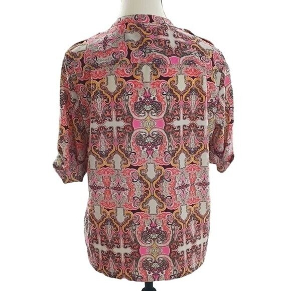 Charter Club Blouse Pink Paisley Retro Roll Tab Sleeve Button Down Size Small - Picture 4 of 5
